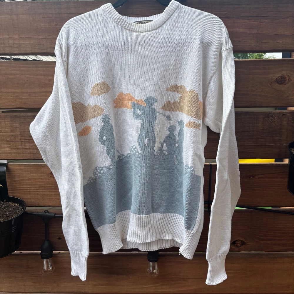 Sansabelt Sport Golf Sweater Mens White Good Vintage Intarsia Knit Graphic